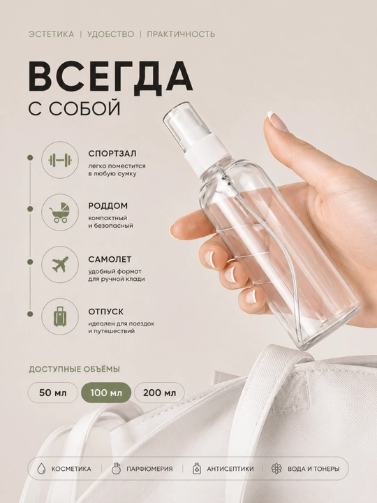 Ko‘p martalik sprey flakon 50/100/200 ml — atir, antiseptik va kosmetika uchun