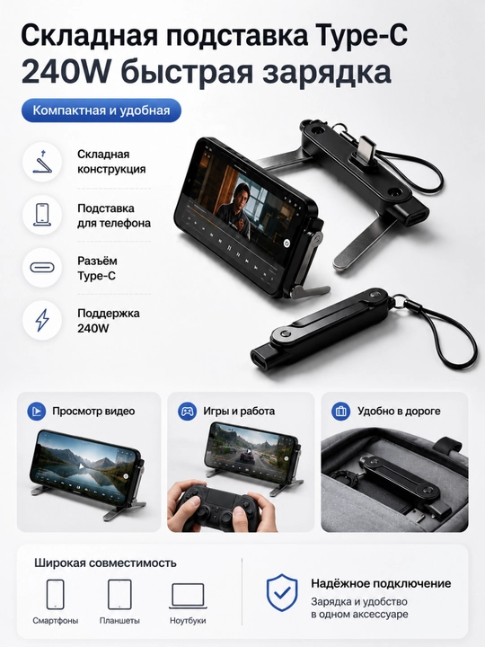 Telefon stend Type-C 240W tez quvvatlovchi kabel buklanadigan ushlagich - 