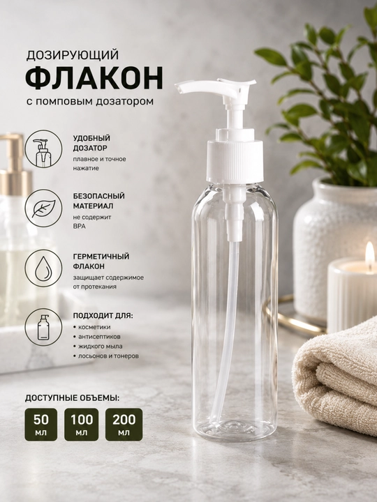 Флакон с дозатором прозрачный пластиковый для жидкого мыла, антисептика 50мл 100мл 200мл - 