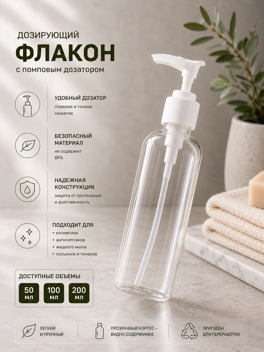 Флакон с дозатором прозрачный пластиковый для жидкого мыла, антисептика 50мл 100мл 200мл