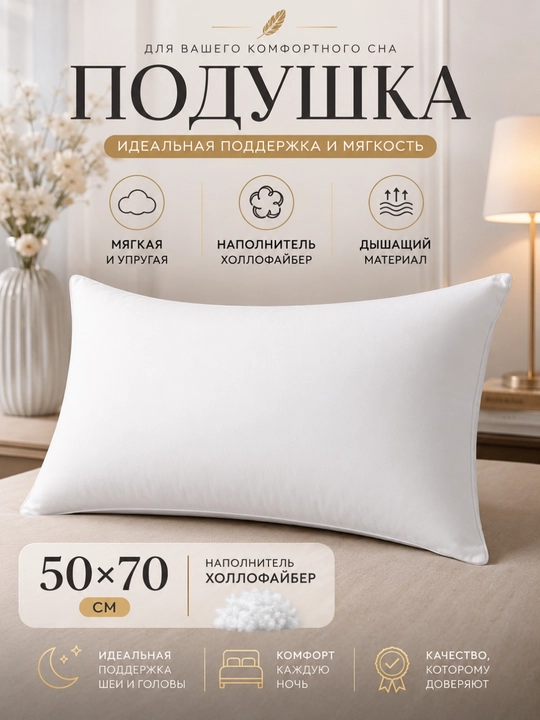 Подушка 50×70 см, холлофайбер, подушка для сна и отдыха, мягкая текстильная подушка