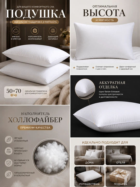 Подушка 50×70 см, холлофайбер, подушка для сна и отдыха, мягкая текстильная подушка