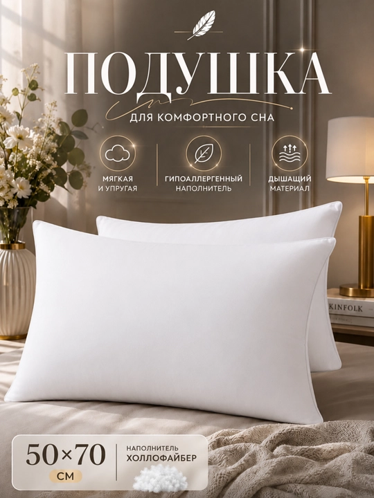 Подушка 50×70 см, холлофайбер, подушка для сна и отдыха, мягкая текстильная подушка - 