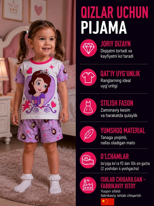 Qizlar uchun sevimli qahramonlari tasvirlangan yozgi pijama, futbolka va shortik - 