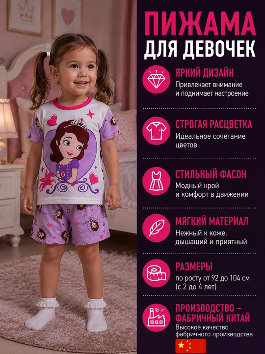 Qizlar uchun sevimli qahramonlari tasvirlangan yozgi pijama, futbolka va shortik