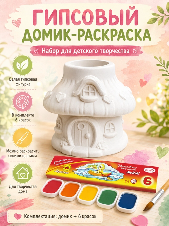 Bolalar uchun gipsli uycha-raskraska, bo‘yash uchun ijodiy to‘plam, 6 ta bo‘yoq bilan - 