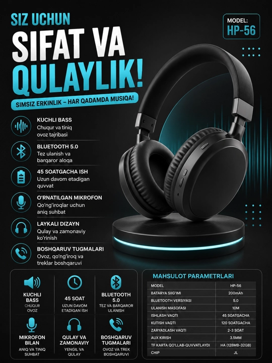 Inkax HP-56 simsiz quloqchinlari, Bluetooth 5.0, TF-karta va FM-radio funksiyalari bilan - 