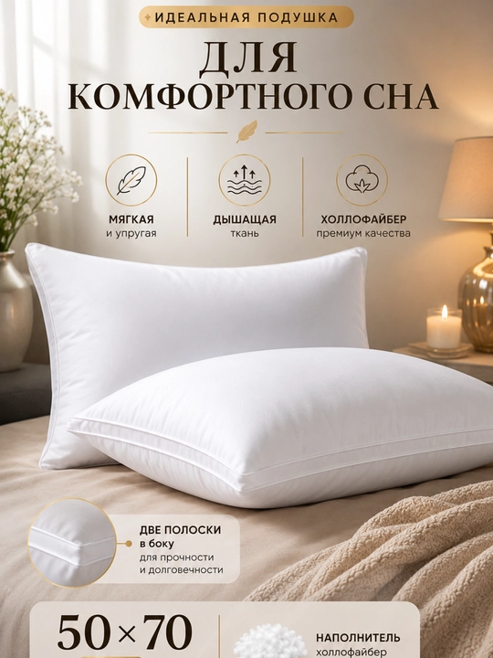 Подушка 50×70 см, китайский сатин, 80% хлопок 20% полиэстер, для сна и отдыха