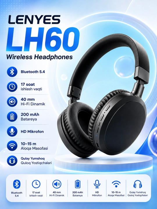 Lenyes LH60 simsiz quloqchinlari, Bluetooth 5.4, 40 mm dinamiklar va 17 soatlik ish vaqti - 