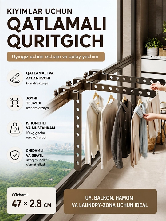 Devorga o‘rnatiladigan yig‘ma kiyim quritgich, uyingiz uchun ixcham va qulay yechim
