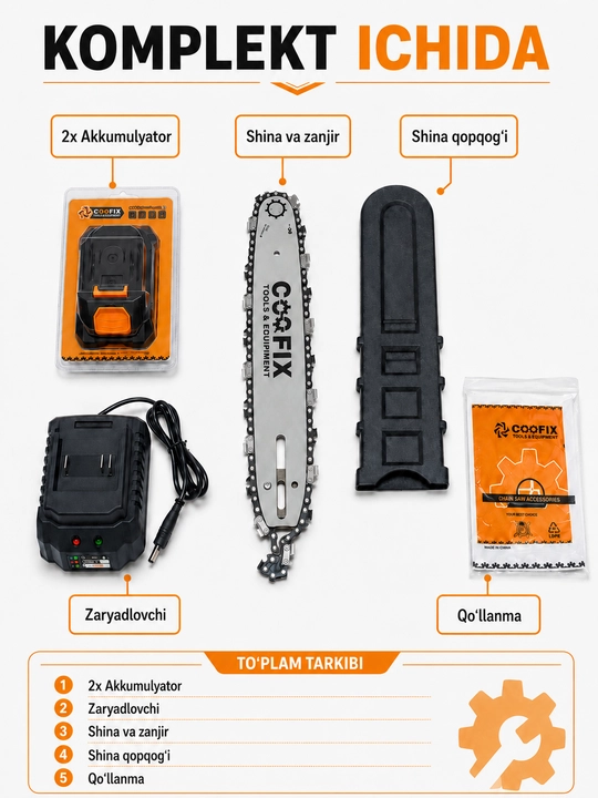 COOFIX Akkumulyatorli arra, elektrli arra, elektr pila, 20V shina 28 sm