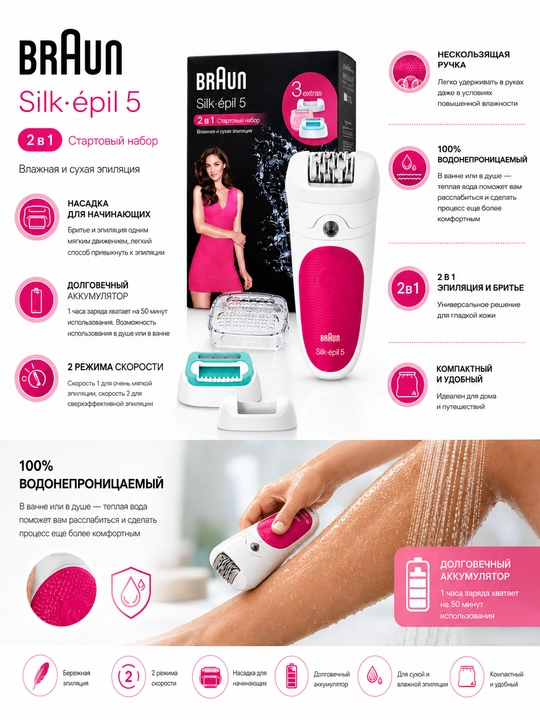 Эпилятор Braun Silk-epil 5 влажная и сухая эпиляция,женский триммер, беспроводной - 
