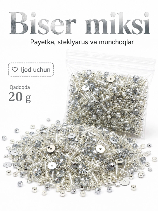 Kashta tikish va tikuvchilik uchun boncuklar, boncuklar, payetlar aralashmasi - 