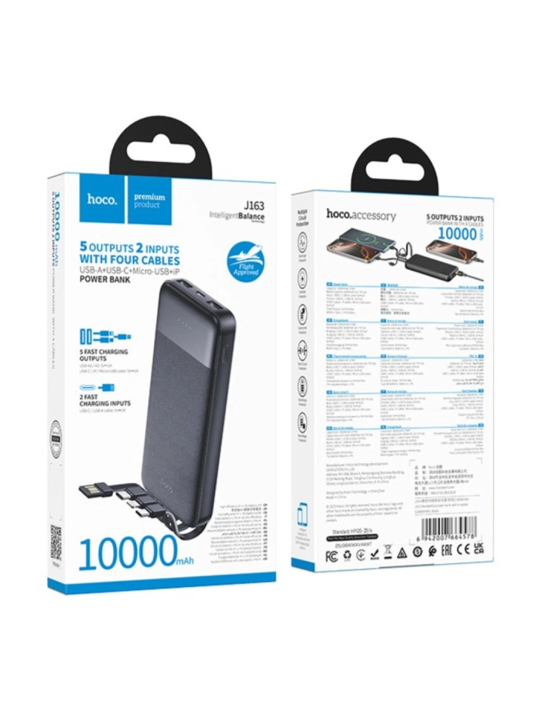 Hoco Power bank Intelligent 10000mAh 5 ta chiqish, 2 ta kirish va 4 ta o'rnatilgan kabel - 