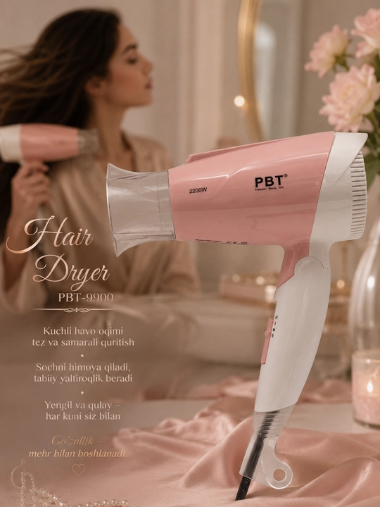 Pushti va oq rangdagi PBT-9908 modelidagi ixcham soch quritadigan fen - 