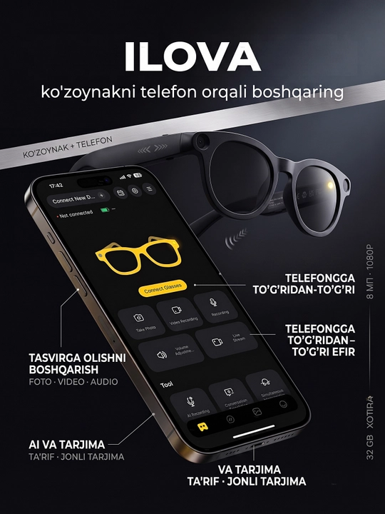 Kamera bilan smart ko‘zoynak - 1080P · 8 MP, AI funksiyalari, CY05, smart ko‘zoynak