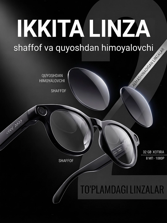 Kamera bilan smart ko‘zoynak - 1080P · 8 MP, AI funksiyalari, CY05, smart ko‘zoynak