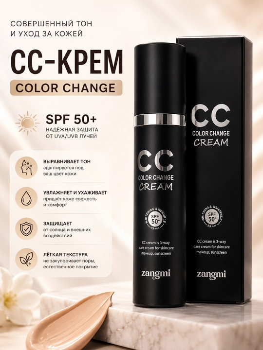 Teri rangini tekislash uchun Zangmi Color Change Cream SPF 50+ CC kremi - 
