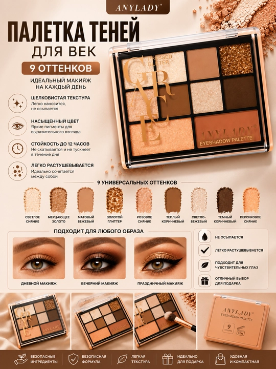 Палетка теней для век в разных оттенках с румянами и хайлайтером *Matte Palette*