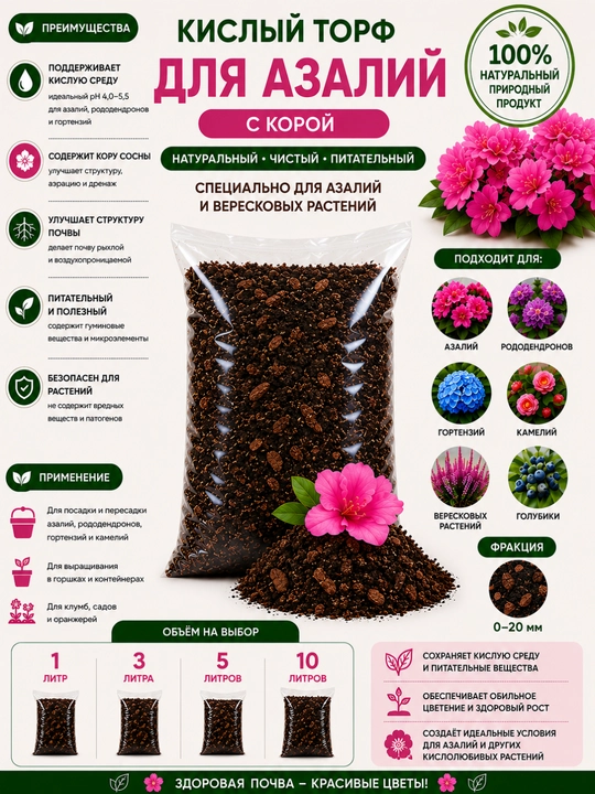 Azaliyalar uchun tayyor kislotali torf, 1 l, 3 l, 5 l, 10 litr - 