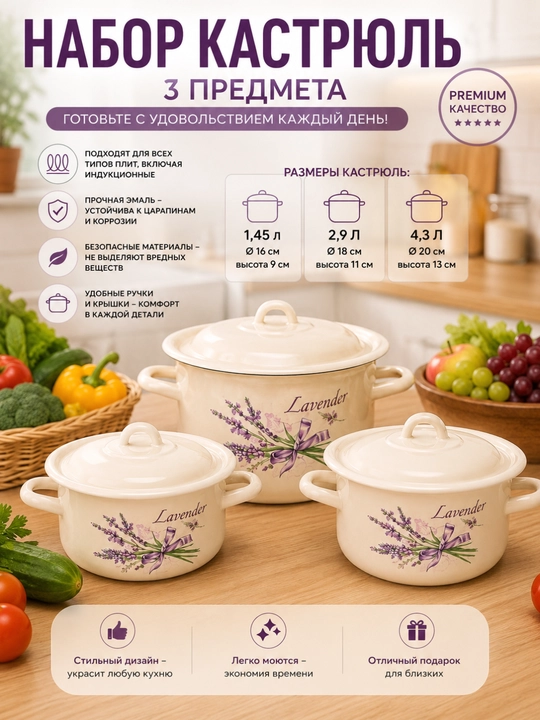 Набор Кастрюли 3 шт Эмалированная - 