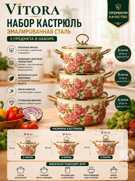 Набор Кастрюли 3 шт Эмалированная - 