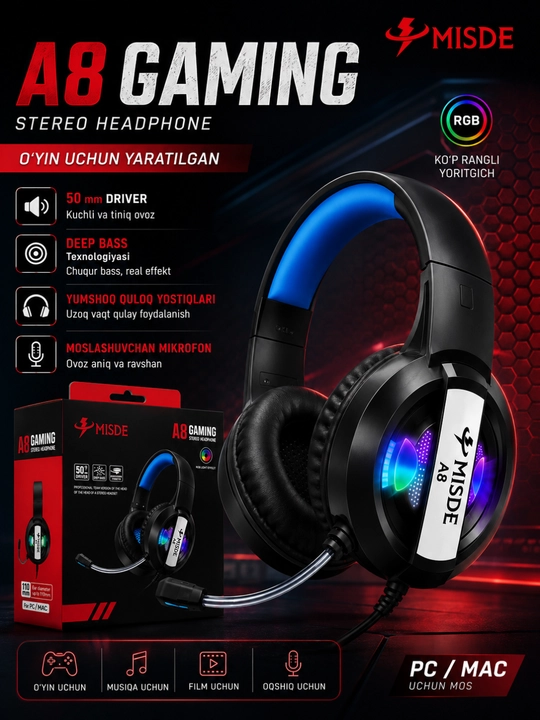 Игровые наушники, наушники для компьютера c микрофоном, проводные с, с RGB подсветкой - 