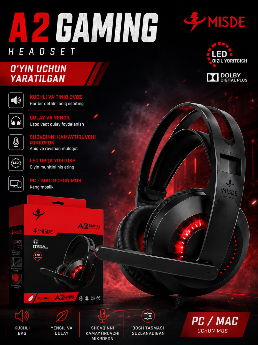 Игровые наушники, наушники для компьютера c микрофоном, проводные с, с RGB подсветкой - 