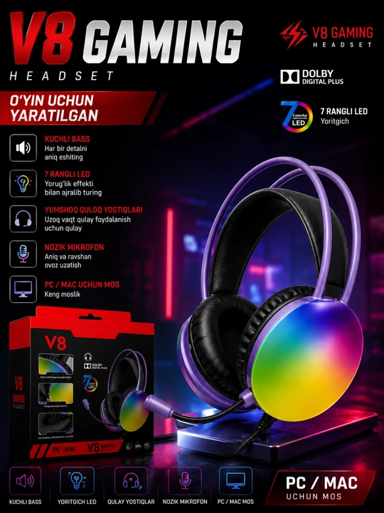 Игровые наушники, наушники для компьютера c микрофоном, проводные с, с RGB подсветкой - 