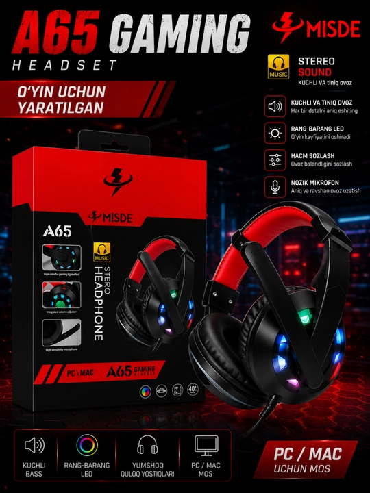 Игровые наушники, наушники для компьютера c микрофоном, проводные с, с RGB подсветкой - 