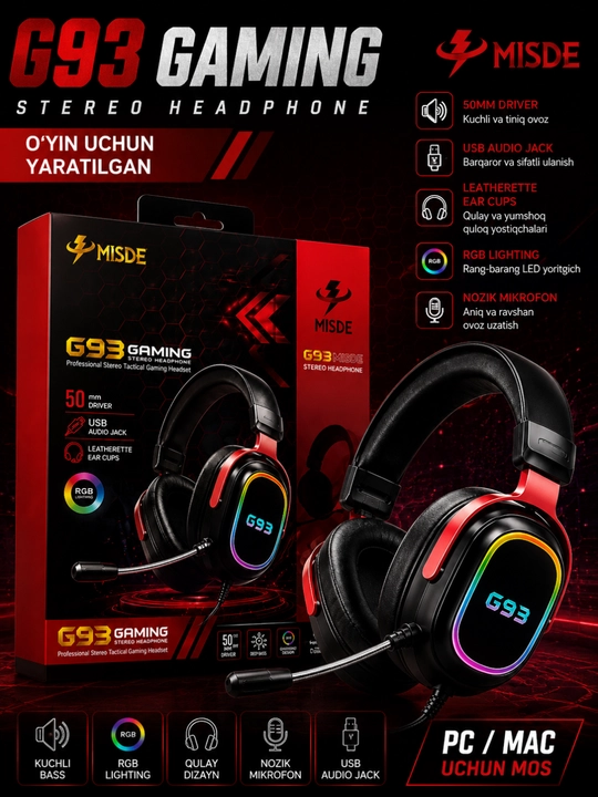 Игровые наушники, наушники для компьютера c микрофоном, проводные с, с RGB подсветкой - 