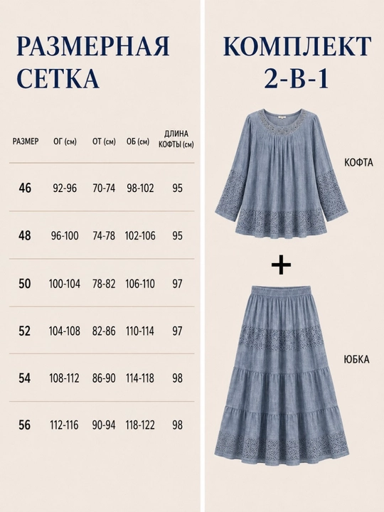 2 qismli kostyum bolshemerka ayollar uchun marlyovkadan kofta va yubka, standart 46–56