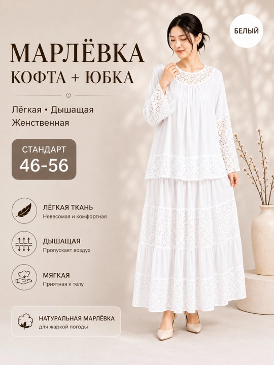 2 qismli kostyum bolshemerka ayollar uchun marlyovkadan kofta va yubka, standart 46–56 - 