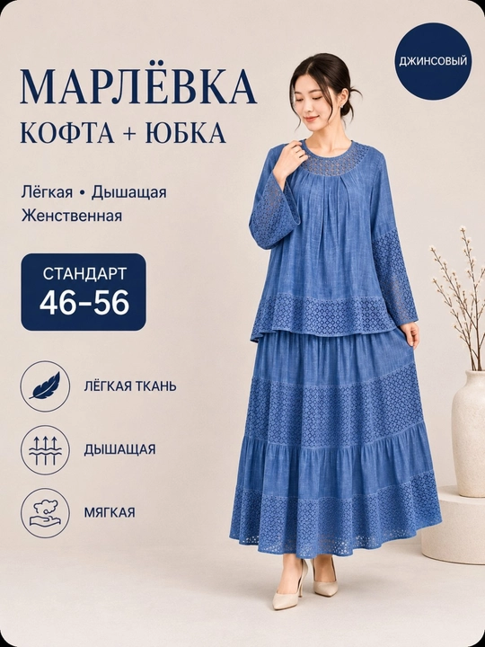 2 qismli kostyum bolshemerka ayollar uchun marlyovkadan kofta va yubka, standart 46–56 - 