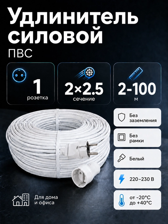 Удлинитель силовой 1 розетка ПВС 2×2,5 мм² без заземления, белый, 2–100 м - 