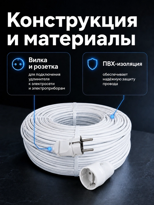 Удлинитель силовой 1 розетка ПВС 2×2,5 мм² без заземления, белый, 2–100 м