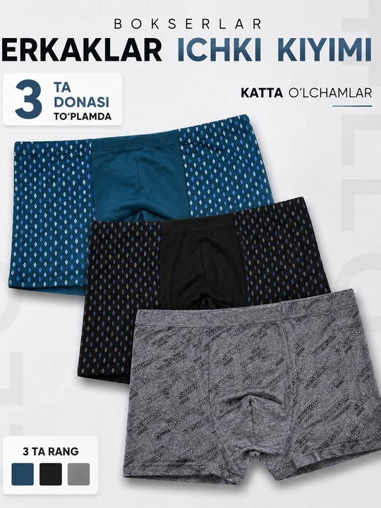 3 talik to'plam 95% paxtadan tayyorlangan erkaklar sport boksyor trusiklari, 3 donalik