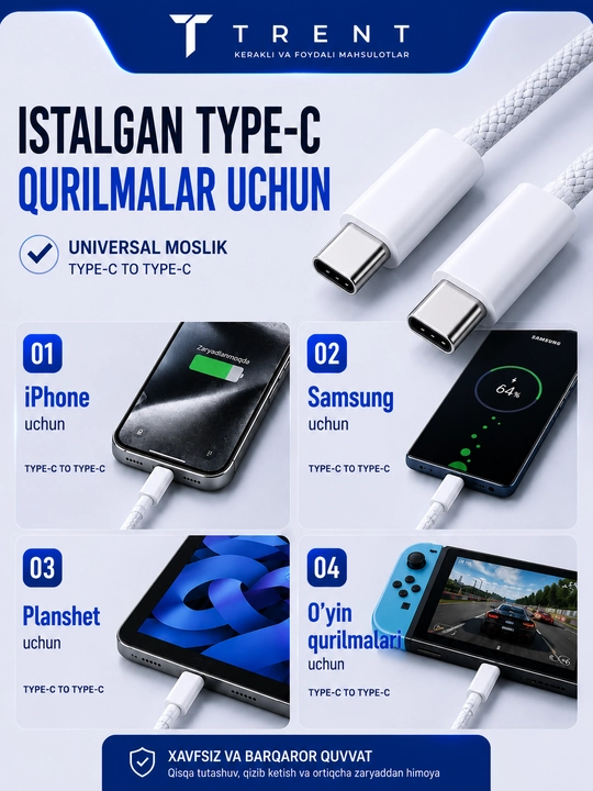 IPhone va samsung uchun Type-C to Type-C kabel 60W iPhone zaryadchik iPhone 15,16 pro max