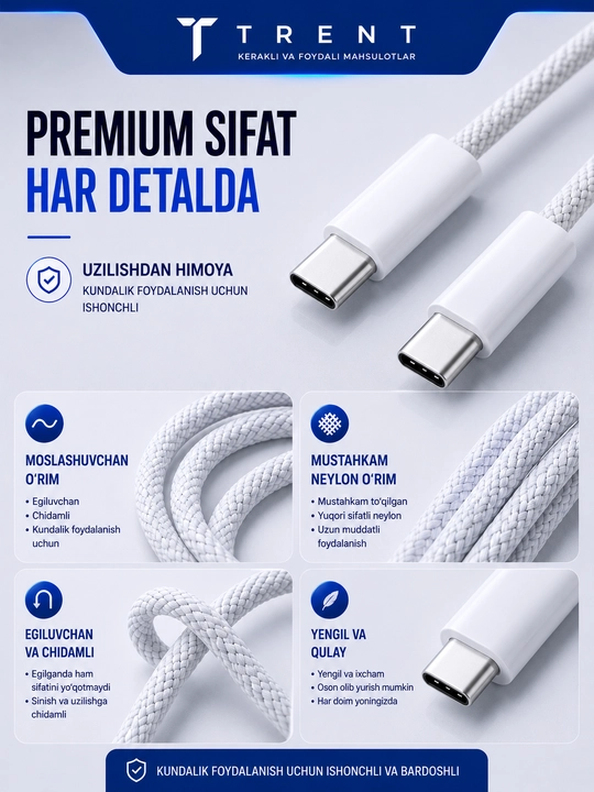 IPhone va samsung uchun Type-C to Type-C kabel 60W iPhone zaryadchik iPhone 15,16 pro max