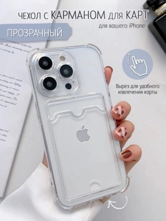 G'ilof karta cho'ntagi bilan iPhone 6, 7, 8, SE, XS, 11, 12, 13, 14, 15 Pro, Max shaffof - 