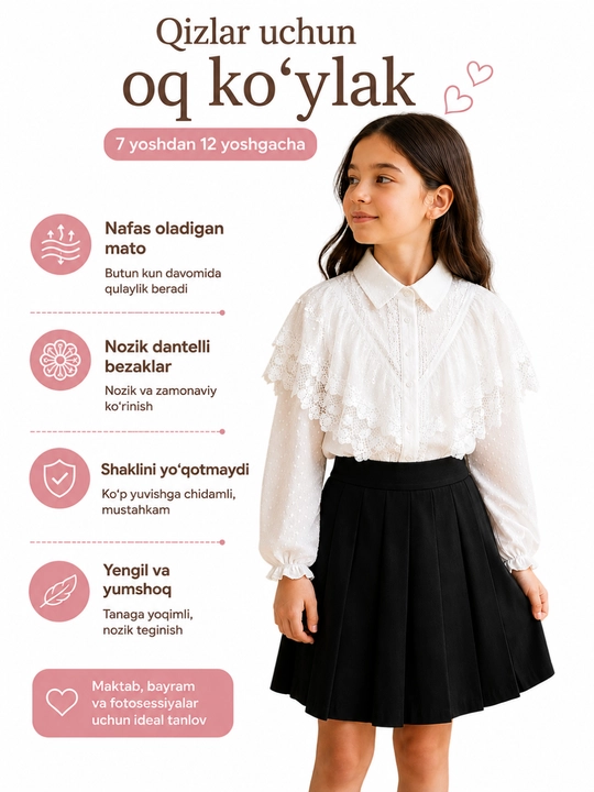 Qizlar oq gipur bluzka uzun yeng yoqali bayram maktab ko'ylagi elegant - 
