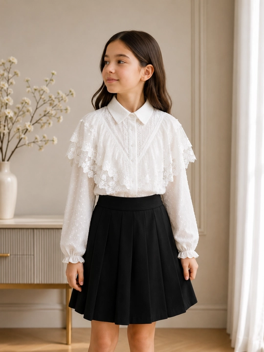 Qizlar oq gipur bluzka uzun yeng yoqali bayram maktab ko'ylagi elegant
