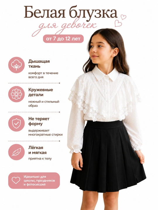 Qizlar oq gipur bluzka uzun yeng yoqali bayram maktab ko'ylagi elegant