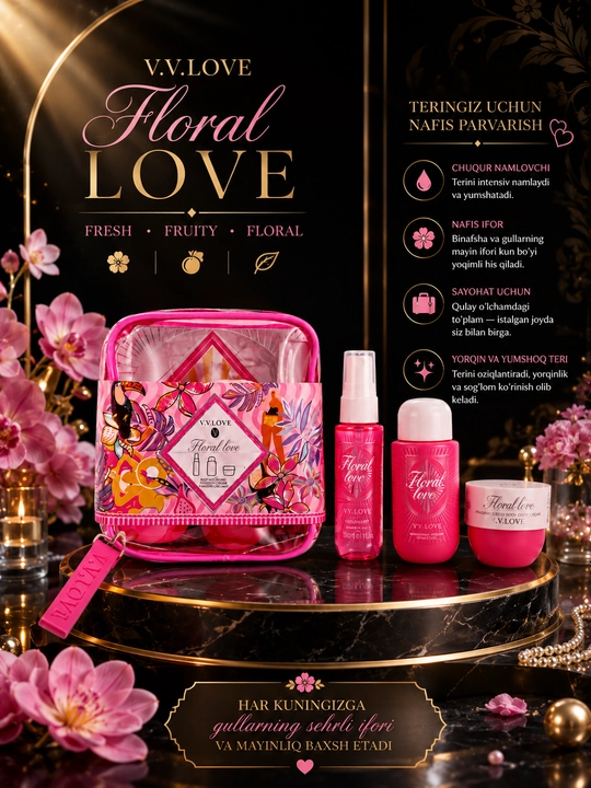 V.V. LOVE tanani parvarish qilish vositalari: dush uchun gel, tana uchun sprey va tana uchun krem - 