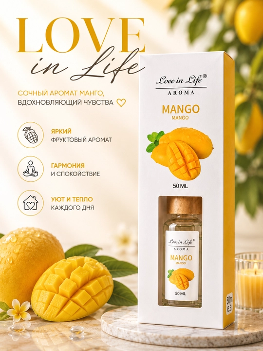 Аромадиффузор для дома Love in Life с палочками, стойкий интерьерный аромат, 30/50 мл - 