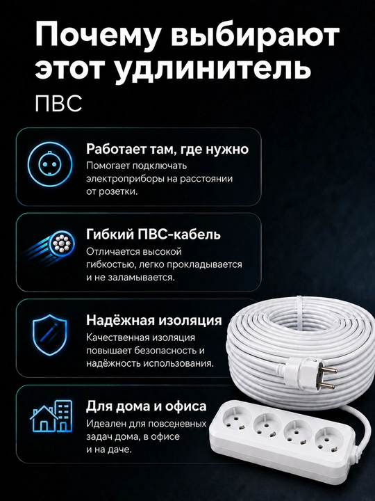 Удлинитель силовой 4 розетки ПВС 2×0,75 мм² белый без заземления, 2–100 м