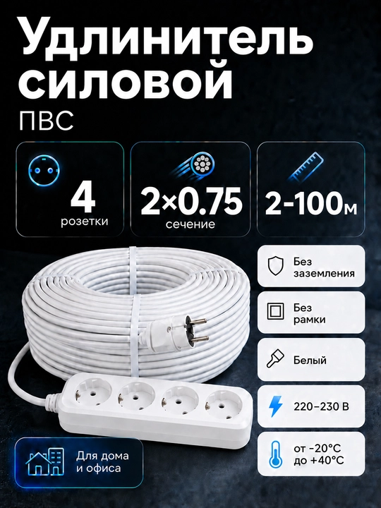 Удлинитель силовой 4 розетки ПВС 2×0,75 мм² белый без заземления, 2–100 м - 