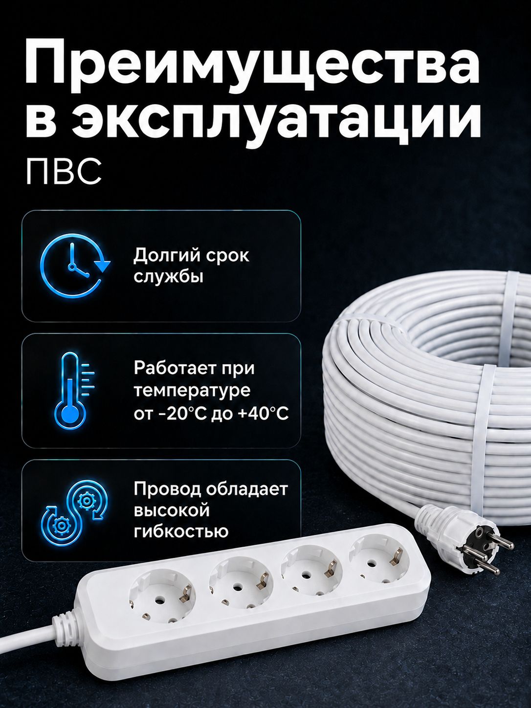 Удлинитель силовой 4 розетки ПВС 2×0,75 мм² белый без заземления, 2–100 м