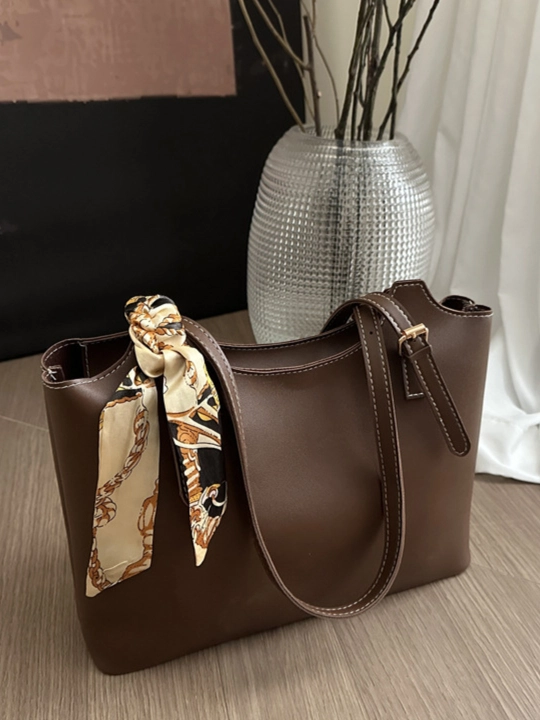 Ayollar shopper sumkasi PU ekoteri, molniyali, ro‘molcha aksessuar bilan