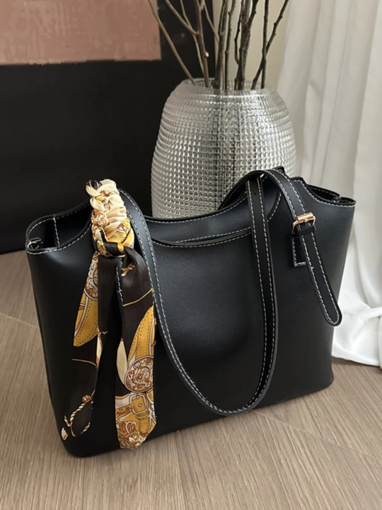 Ayollar shopper sumkasi PU ekoteri, molniyali, ro‘molcha aksessuar bilan